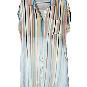 Umgee Striped Ombre Multi Color Short Sleeve Button Down Shirt Dress Medium